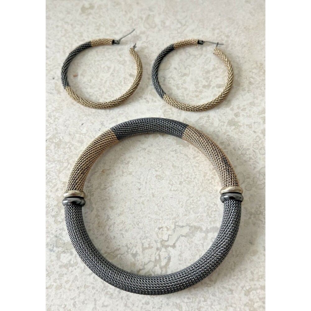 Two Tone Woven Mesh Hinged Bangle Bracelet and Earring Set